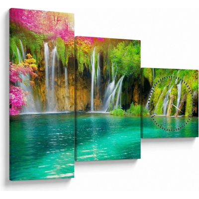 Obraz - Vodopád, Plitvické jazerá, Chorvátsko (s hodinami), trojdielne 90x70 cm s hodinami