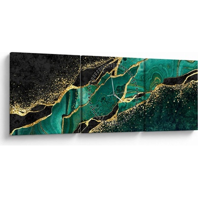 Obraz - Petrolejovo-zlaté mramorovanie (s hodinami), trojdielne 90x30 cm s hodinami