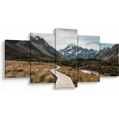 Obraz - Chodník v údolí hory Mt. Cook (s hodinami), päťdielne 150x80 cm s hodinami