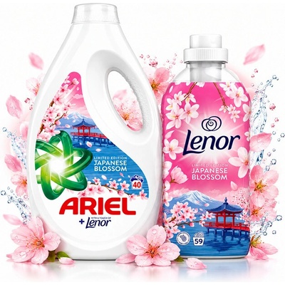 Ariel prací gel Japanese Blossom 1,8 l 40 PD + Lenor aviváž 1,239 l 59 PD