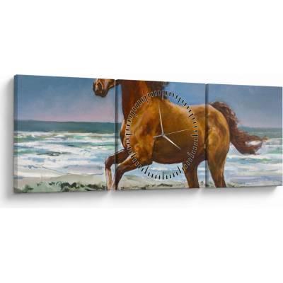 Obraz koňa na pláži (s hodinami), trojdielne 90x30 cm s hodinami
