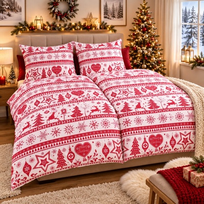TiaHome Obliečky bavlna Vianočné obliečky Christmas červené Vankúš 70x90 Paplón 140x200