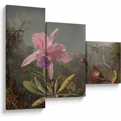 Obraz - Martin Johnson Heade, Cattleya Orchid and Three Hummingbirds, reprodukcia (s hodinami), trojdielne 90x70 cm s hodinami