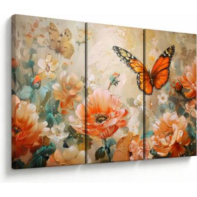 Obraz - Motýľ a kvety, olejomaľba, trojdielne 120x80 cm