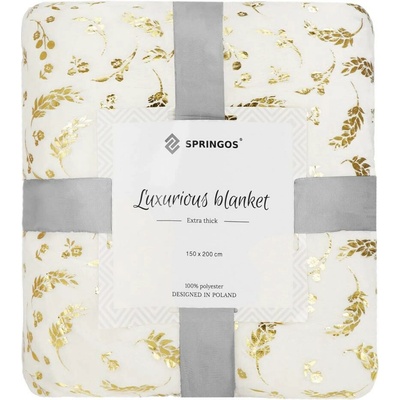 Springos Plyšová deka LUX krémová + zlaté listy 150x200