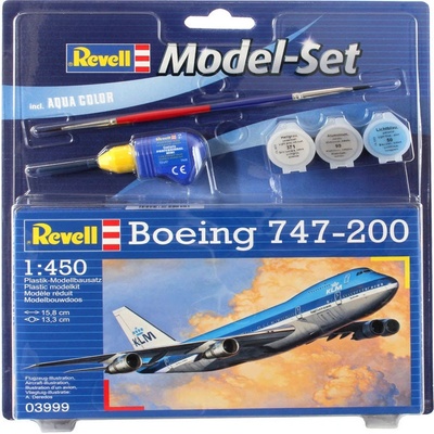Revell Boeing 747-200 Jumbo Jet Model Set letadlo 22 dílů + barvy + lepidlo + štětec 1:450