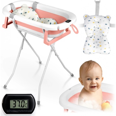 Ricokids Skládací dětská vanička se stojanem teploměrem a vložkou bílo růžová