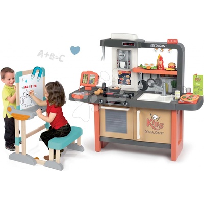 Smoby Set reštaurácia s elektronickou kuchynkou Kids Restaurant a drevená lavica na písanie a kreslenie