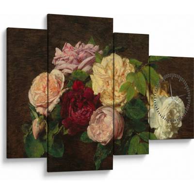 Obraz - Henri Fantin-Latour, Roses de Nice on a Table, reprodukce (s hodinami), Čtyřdílný 110x75 cm s hodinami