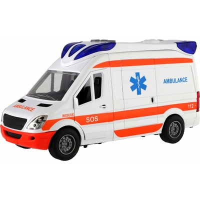 Teddies Auto ambulance plast 26cm s lehátkem na setrvačník se světlem se zvukem v krabici 37x18x11,5cm