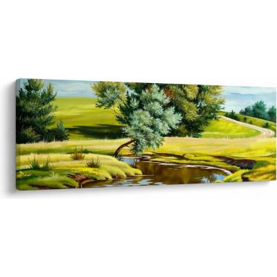 Obraz - Řeka mezi loukami, olejomalba, jednodílný 145x58 cm