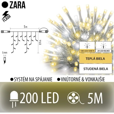 Zara led svetelná záclona vonkajšia flash - 200led - 5m teplá biela/flash prebliknutie studená biela - transparentný kábel