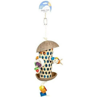 Duvo+ Play Time Závesná farebná hračka z kokosu a bambusu, naplnená s farebnými kukuričnými listami pre exoty 18x18x30cm