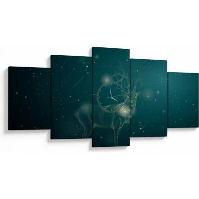 Obraz - Magický jeleň v noci (s hodinami), päťdielne 150x80 cm s hodinami