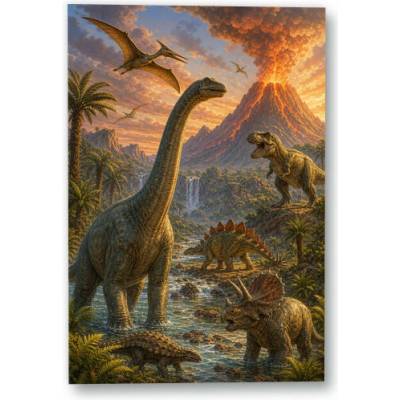 Plakát – Dinosauři v krajině s činnou sopkou 90 × 135 cm Bez rámu Ne Bez rámu