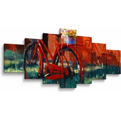 Obraz červeného kolesa, akrylová maľba, sedemdielne 210x100 cm