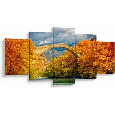 Obraz - Konitsa most (s hodinami), päťdielne 150x80 cm s hodinami