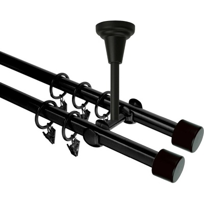 OK-GarnýžeCZ Garnýž kovová dvouřadá 16mm Pullo Double černá 190 cm do stropu / kroužky s žabkou