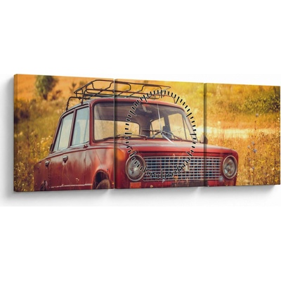Obraz auta v poli (s hodinami), trojdielne 90x30 cm s hodinami