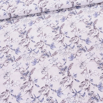 Bavlněné plátno TREND LEVILA-A 2 AZUL, fialové květy béžové, š.150cm (látka v metráži)