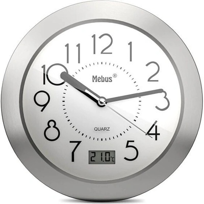 Mebus Quartz koupelnové hodiny, digitální displej, hliníkový rám, přísavky, bílý ciferník, model 41964 -