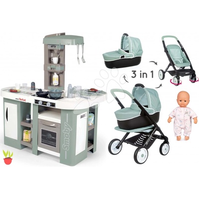 Smoby Set kuchynka elektronická s bublaním Tefal Studio Kitchen XL Bubble 360° a kočík trojkombinácia s 32 cm bábikou