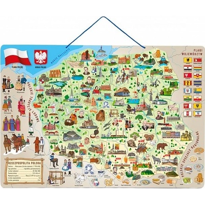 Woody magnetická mapa Polska s obrázky a společenská hra 3v1