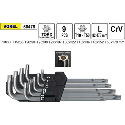 Imbusové klíče TORX , 9 ks, T10-T50, klip
