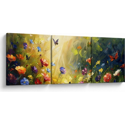 Obraz - Jarná kvetinová lúka, maľba, trojdielne 120x40 cm