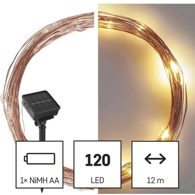 EMOS LED nano reťaz so solárnym panelom medený 12 m vonkajšia aj vnútorná teplá biela časovač