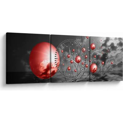 Obraz červených gulí (s hodinami), trojdielne 90x30 cm s hodinami