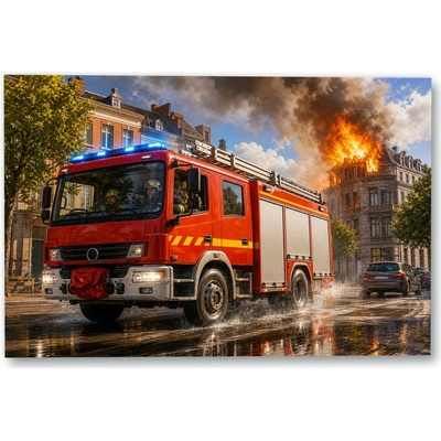 Plakát – Hasičské auto u hořící budovy 135 × 90 cm Bez rámu Ne Bez rámu