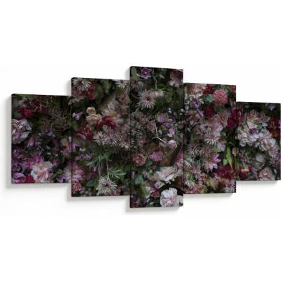 Obraz - Kvetinový múr (s hodinami), päťdielne 150x80 cm s hodinami