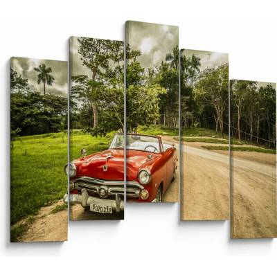 Obraz - auto veterán v přírodě, pětidílný 125x90 cm