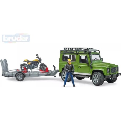 Bruder 2598 Land Rover Defender s přívěsem + Ducati Scrambler Cafe Racer a řidič 1:16