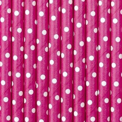 PartyDeco Brčka papírová magenta s bílými tečkami 10 ks