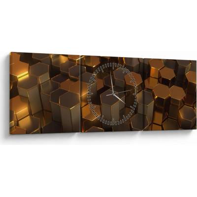 Obraz - Bronzové hexagóny (s hodinami), trojdielne 90x30 cm s hodinami