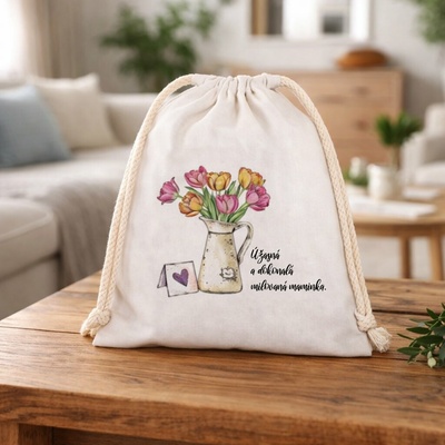 Bavlněný pytlík s potiskem TULIPÁNŮ, pro maminku Velikost pytlíku: 26 X 35 cm