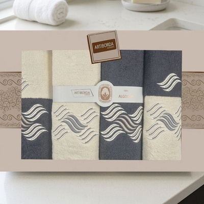 4sleep set ručníků a osušek 397 6 ks grafit a krémová s výšivkou 2 ks 30 x 50 cm + 2 ks 50 x 90 cm + 2 ks 70 x 140 cm