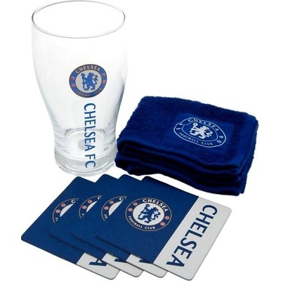CurePink Bar set sklenice s tácky a ručníkem FC Chelsea Wordmark DWEP13MNBRSET 470 ml