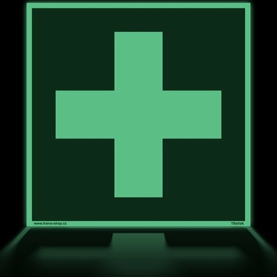 Traiva s.r.o První pomoc - symbol Označení lékárničky na zeď Verze: Plast 150 x 150 mm tl. 1.1 mm - fotoluminiscenční - Kód: 00072