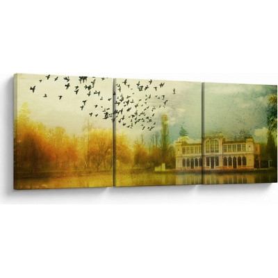 Obraz malované krajiny se sídlem, třídílný 90x30 cm