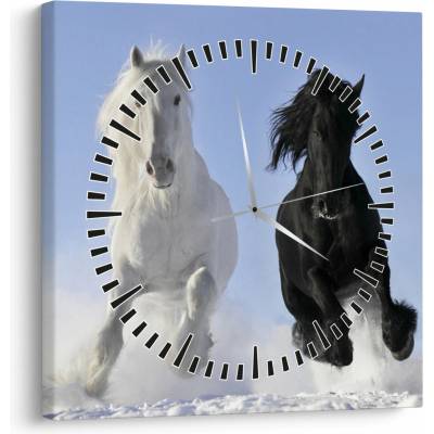 Obraz - Kone v zime (s hodinami), jednodielne 30x30 cm s hodinami