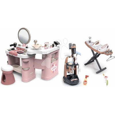 Smoby Set kosmetický stolek a úklidový vozík s vysavačem se zvukem My Beauty Center 3v1 a elektronický fén se žehlicím prknem