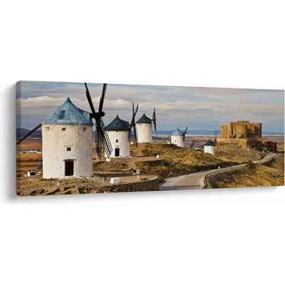 Obraz - Větrné mlýny Consuegra, Španělsko, jednodílný 145x58 cm