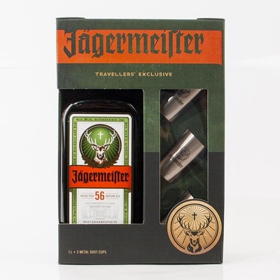 Jägermeister 38% 1 l (dárkové balení 3 panáky) – Hledejceny.cz