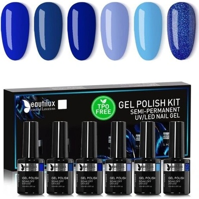 Beautilux gelový lak na nehty semi-permanentní bez TPO a HEMA, modrý, 6 barev 10 ml namočený tmavě