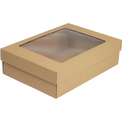 Dárková krabička 330x230x90/40 mm, dno+víko s průhledným okénkem, kraftová - hnědá