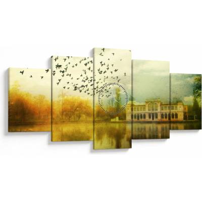 Obraz maľované krajiny so sídlom (s hodinami), päťdielne 150x80 cm s hodinami