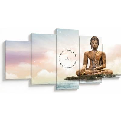 Obraz - Budha dozerajúci na zemi (s hodinami), päťdielne 150x80 cm s hodinami